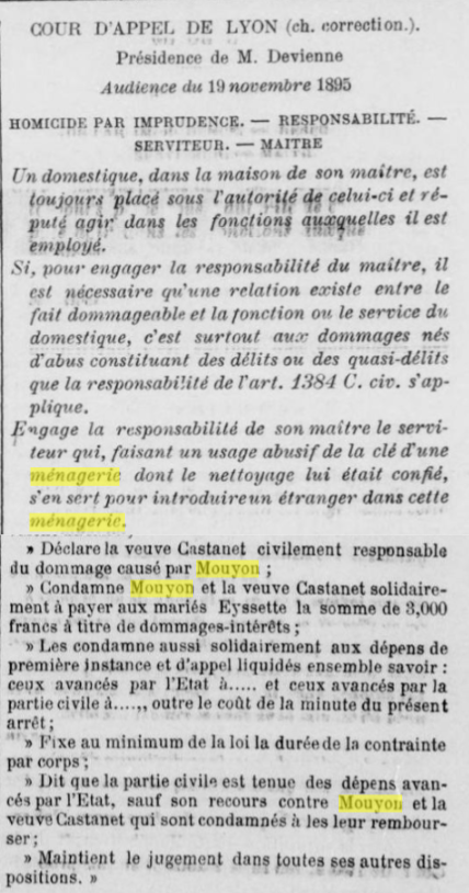 Extrait partiel du journal Le Droit, 4 février 1896, RetroNews.