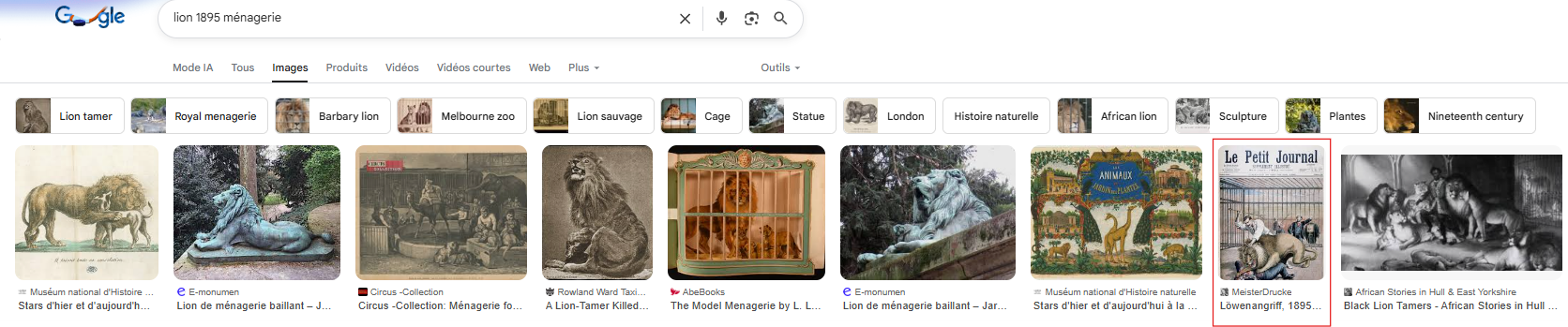 Extrait d'une recherche sur Google Image "lion 1895 ménagerie"